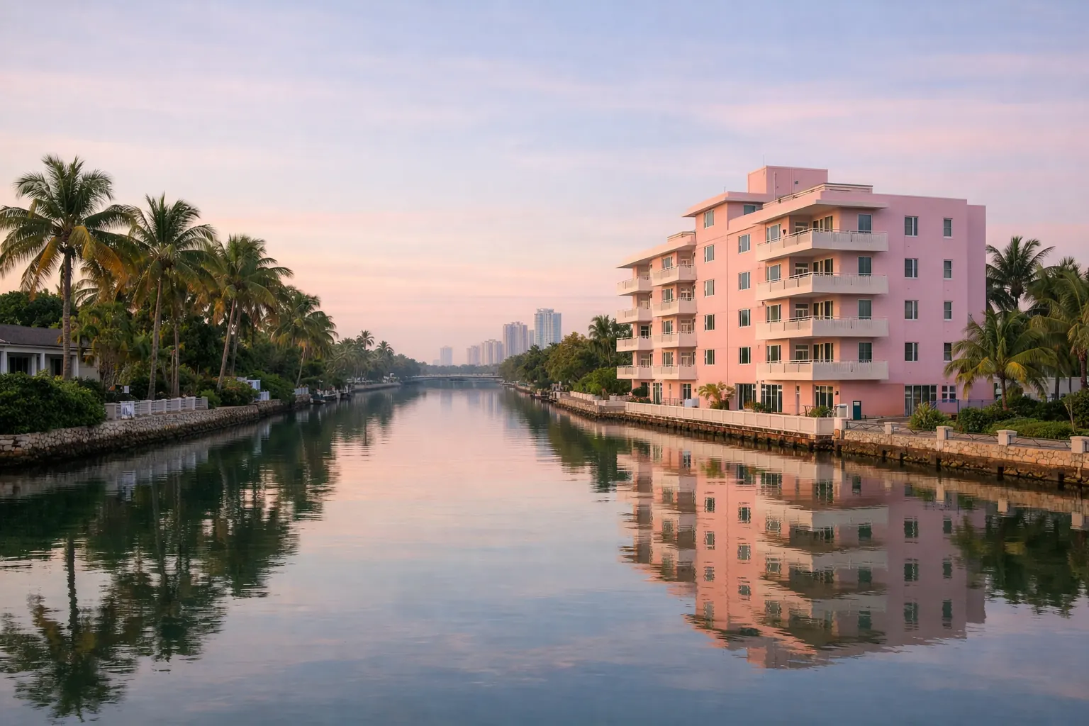 Indian Creek in Mid-Beach at morning, palms and a pink mid-century building on the water