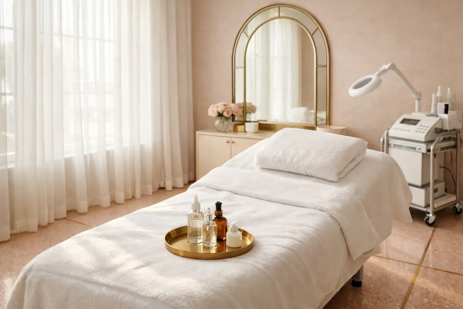 Sunlit treatment room with white linens, an arched brass mirror and a pale pink terrazzo floor