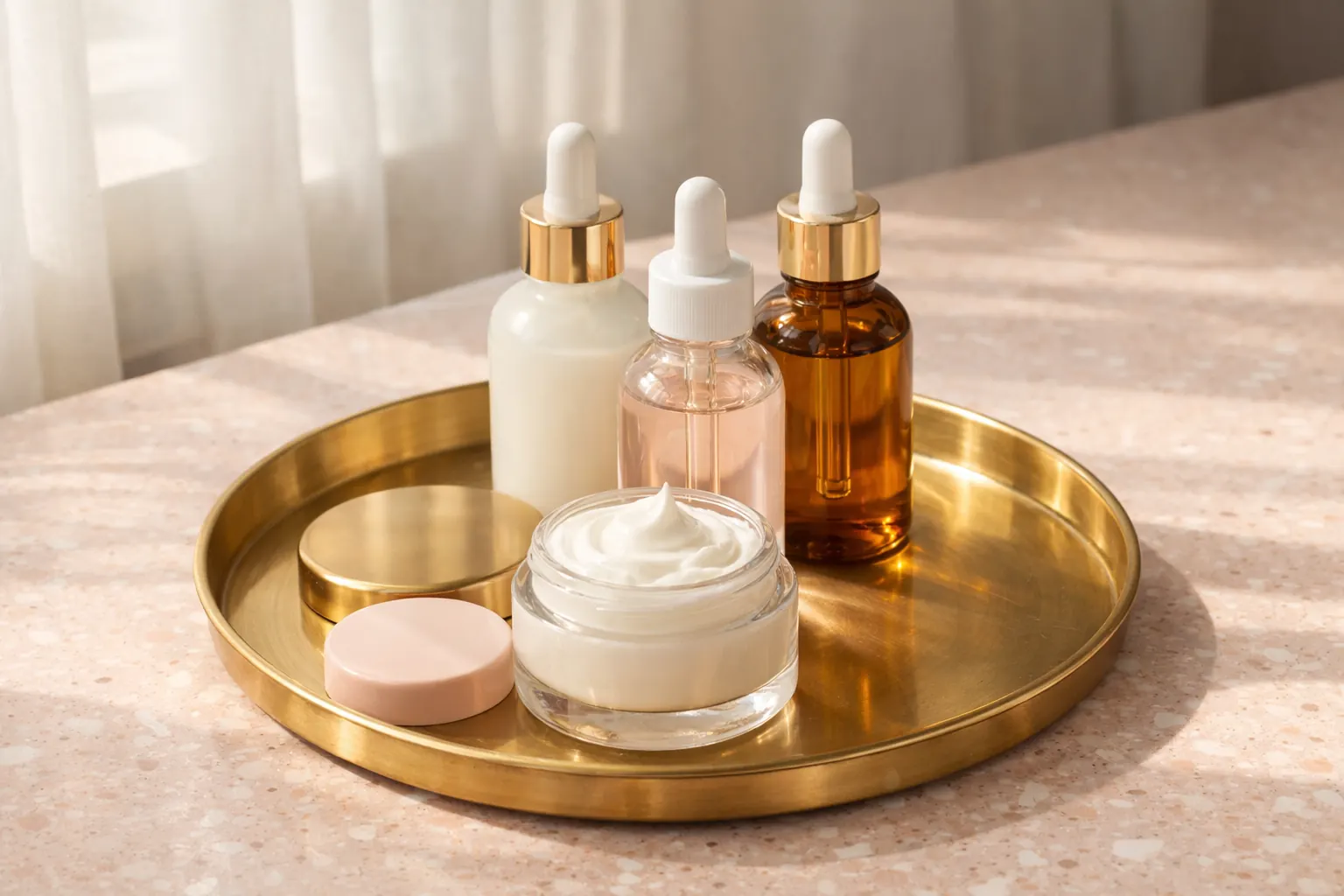 Glass serum bottles and cream on a brass tray over pink terrazzo